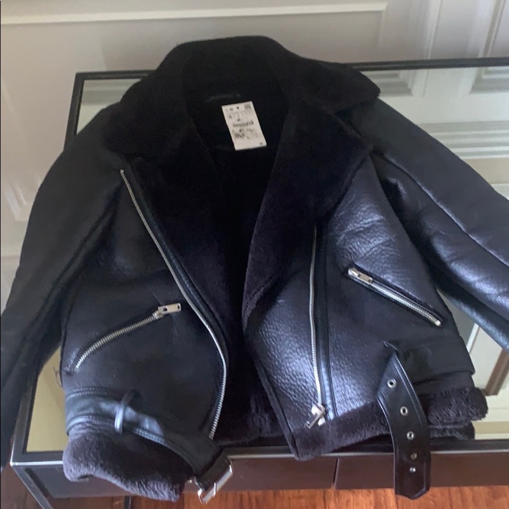 Zara black faux fur collar aviator shearling biker